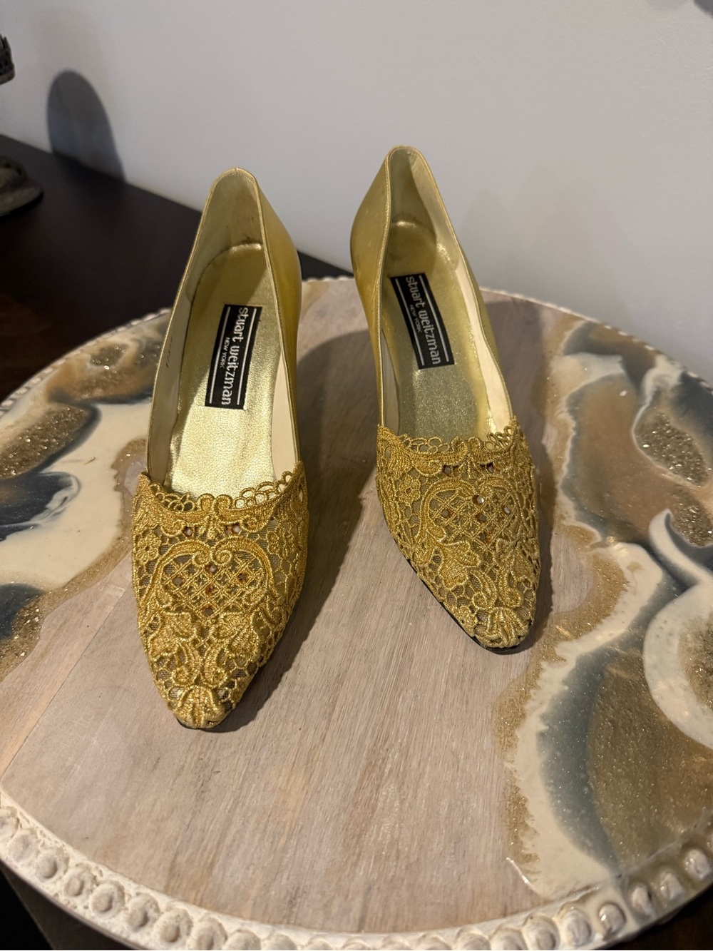 Stuart Weitzman Metallic Gold Lace Pointed Pumps